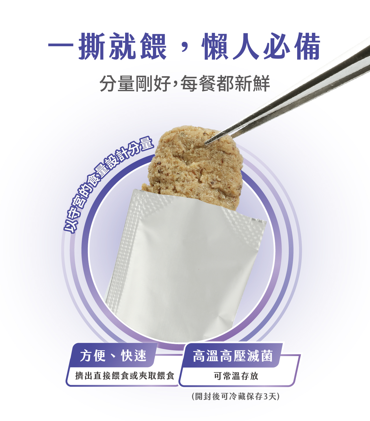 一撕就餵,懶人必備分量剛好,每餐都新鮮宮的食量設計分量方便、快速高溫高壓滅菌擠出直接餵食或夾取餵食可常溫存放(開封後可冷藏保存3天)